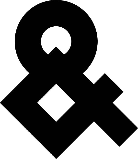 Stylized black ampersand symbol with geometric shapes on a white background.