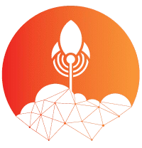 Orange circular logo with a rocket launching above a network grid.
