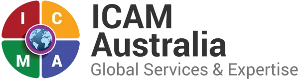 ICAM logo with a circular multicolored design featuring a globe at the center and the text: ICAM Indigenous Curriculum and Assessment Materials.