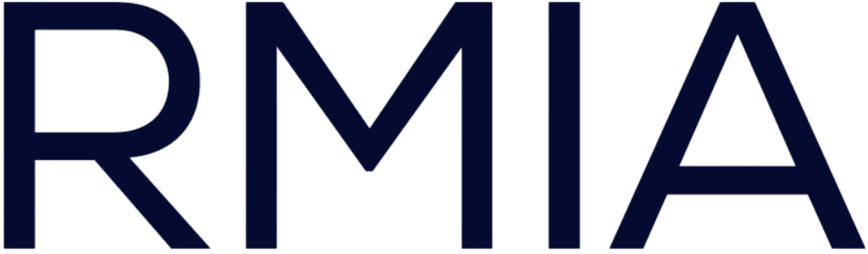 Logo with the letters RMIA in bold dark blue font on a transparent background.
