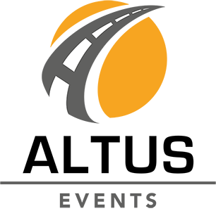 Logo with a curved road graphic inside an orange circle above the text 'ALTUS EVENTS'.