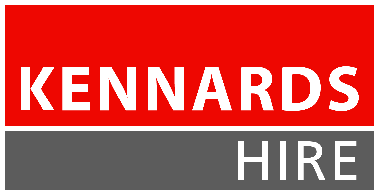 Kennards Hire logo with white text on red and gray background.