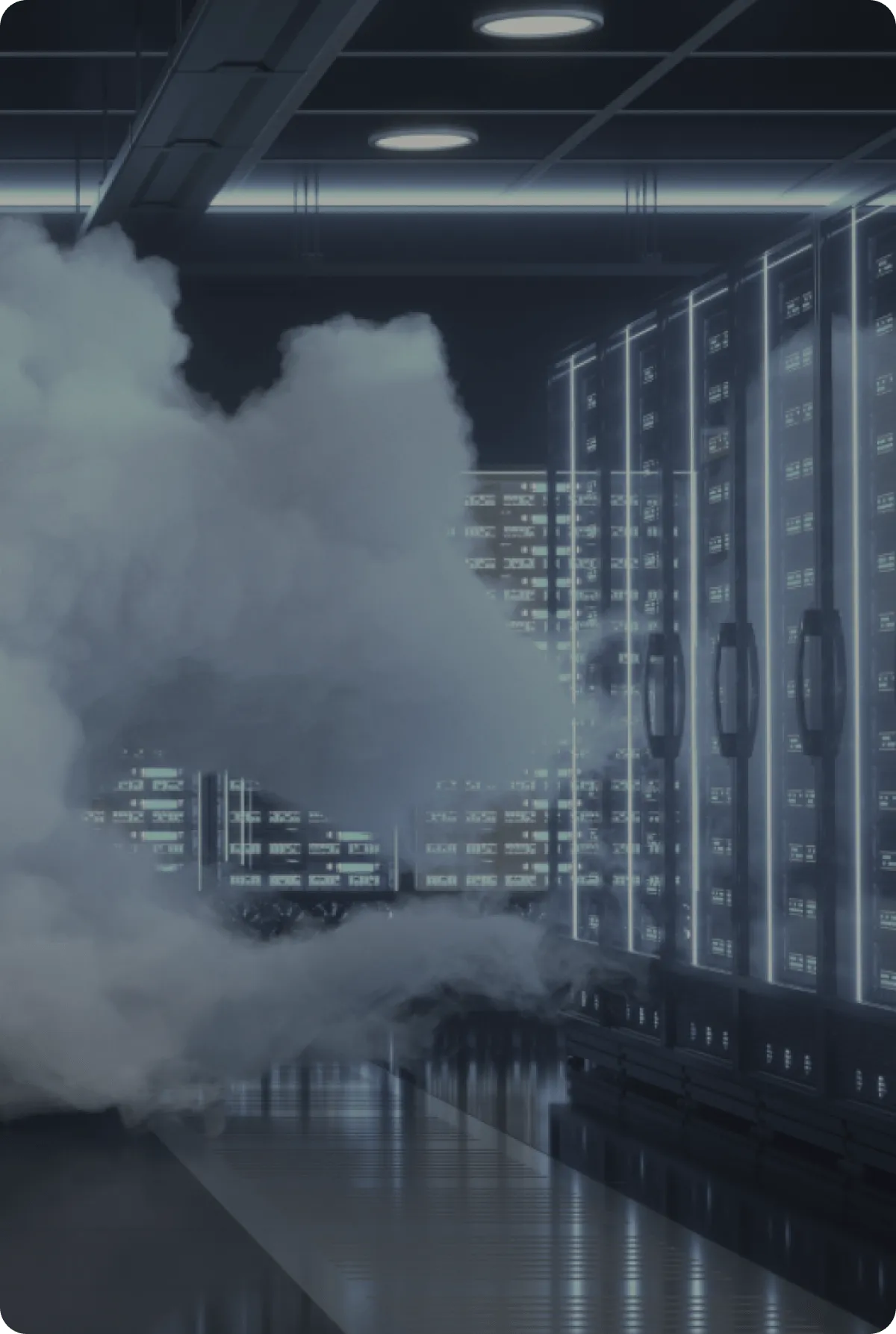 Server room with racks of illuminated servers and fog or smoke drifting through the aisle.