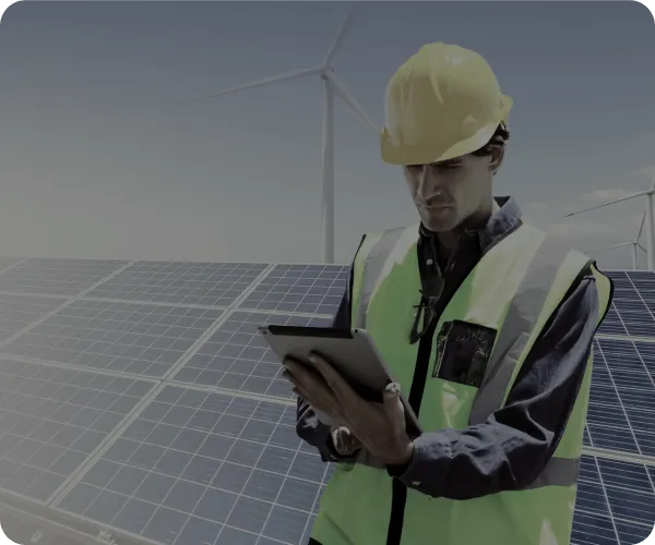 A technician next to some solar panels looking at a tablet