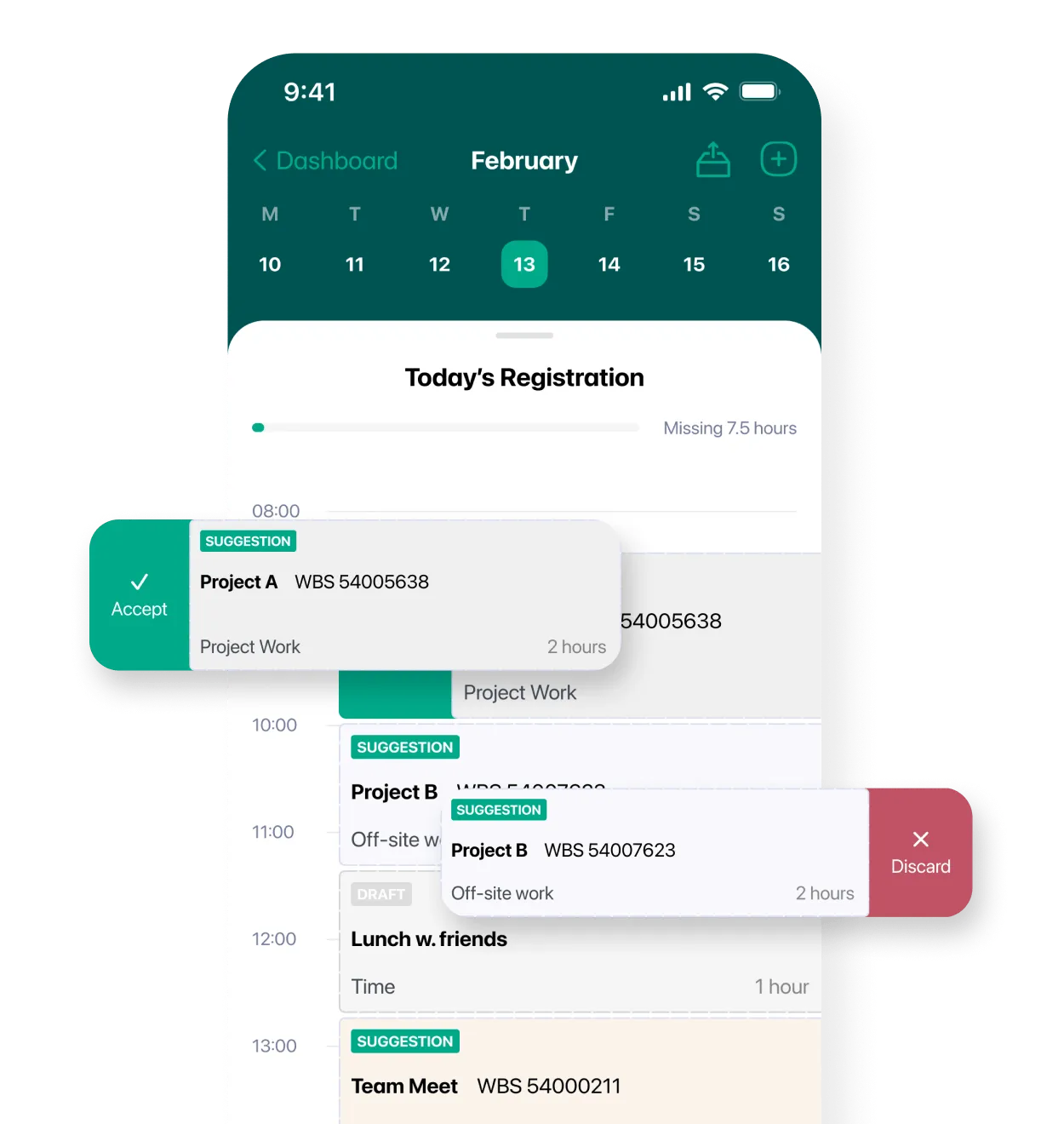 An app UI image showing time registration in FastWork