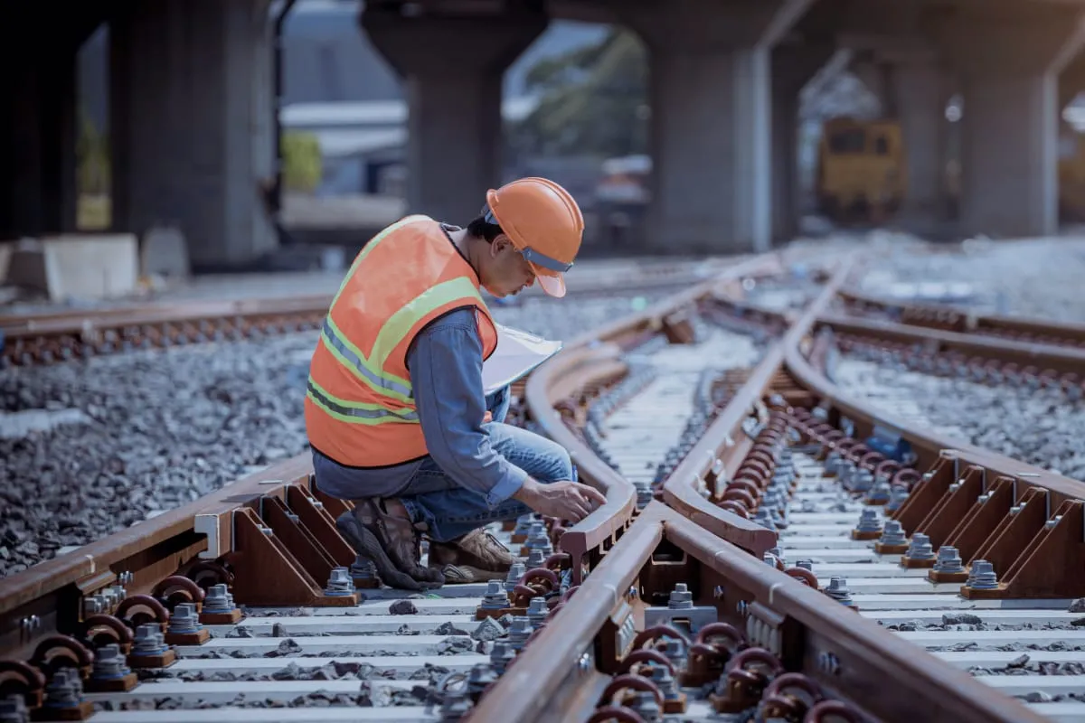Railway worker wearing a yellow hard hat and safety vest inspecting a railroad track while holding a tablet.