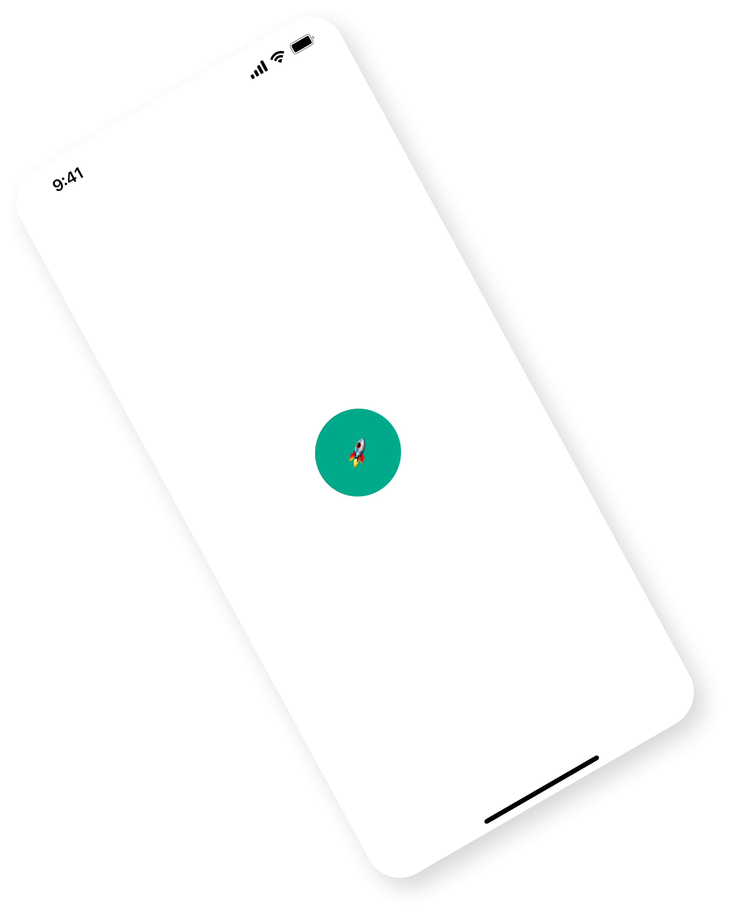 FastWork smartphone screen tilted with a green circular button featuring a rocket emoji in the center on a white background.