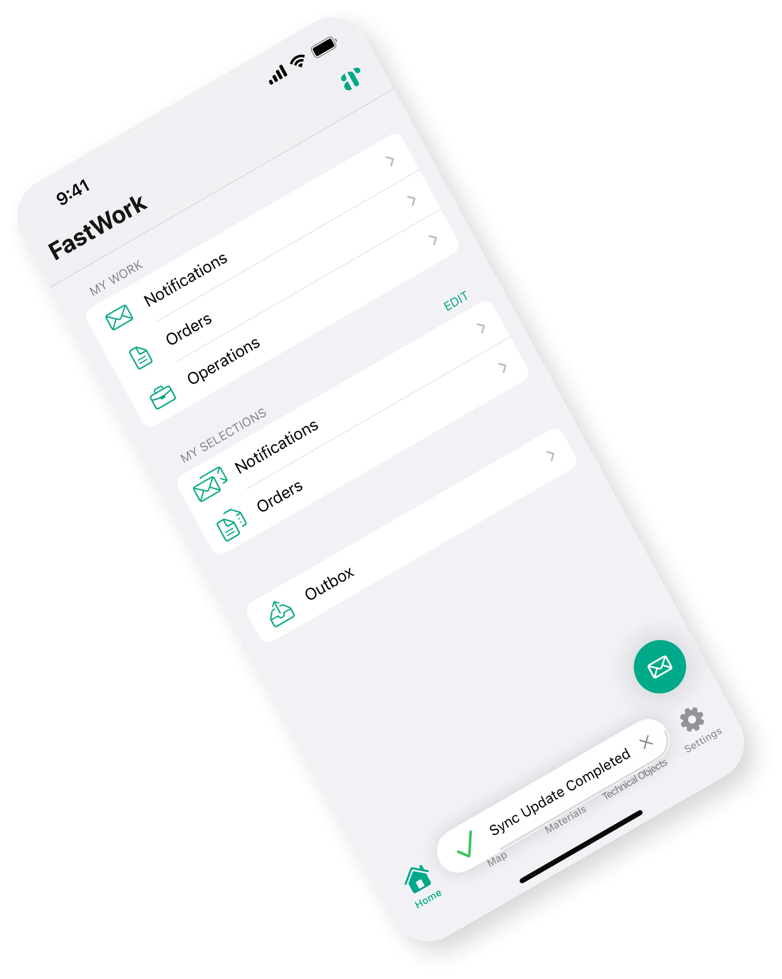 Smartphone screen showing the FastWork app with sections for My Work and My Selections, including Notifications, Orders, Operations, and Outbox options.