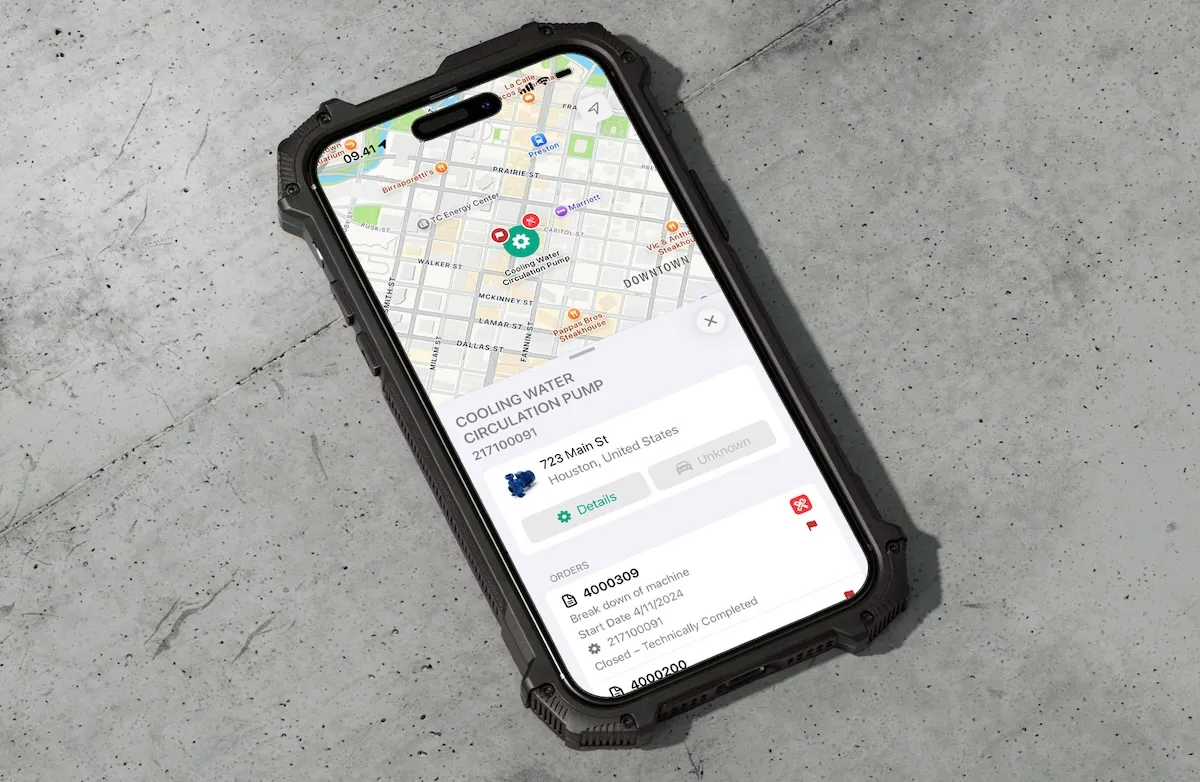 Photo of the FastWork work order app on a ruggedized iPhone