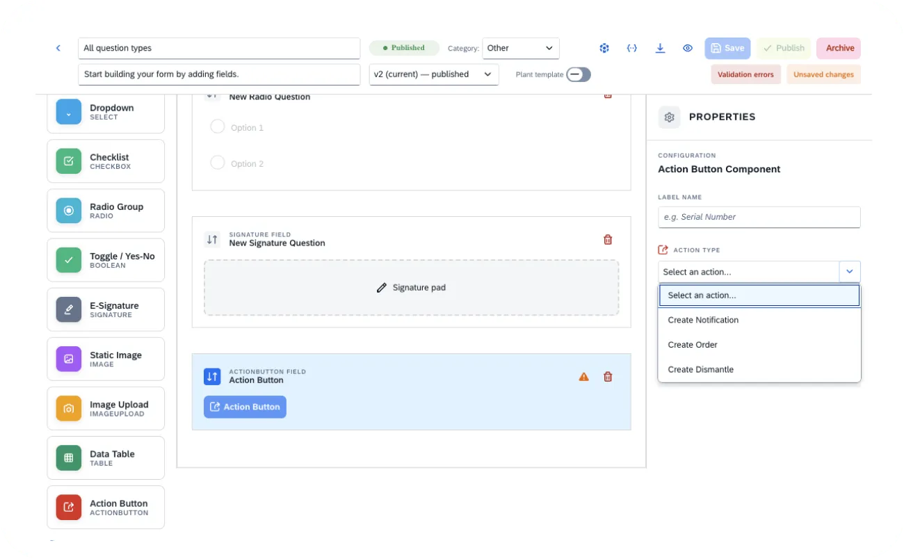 Arkyn FastForms form builder UI showing how to add the FastForms action button