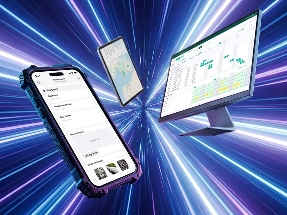 A phone, desktop screen, and tablet displaying Arkyn FastApps and shooting through a wormhole at light speed.
