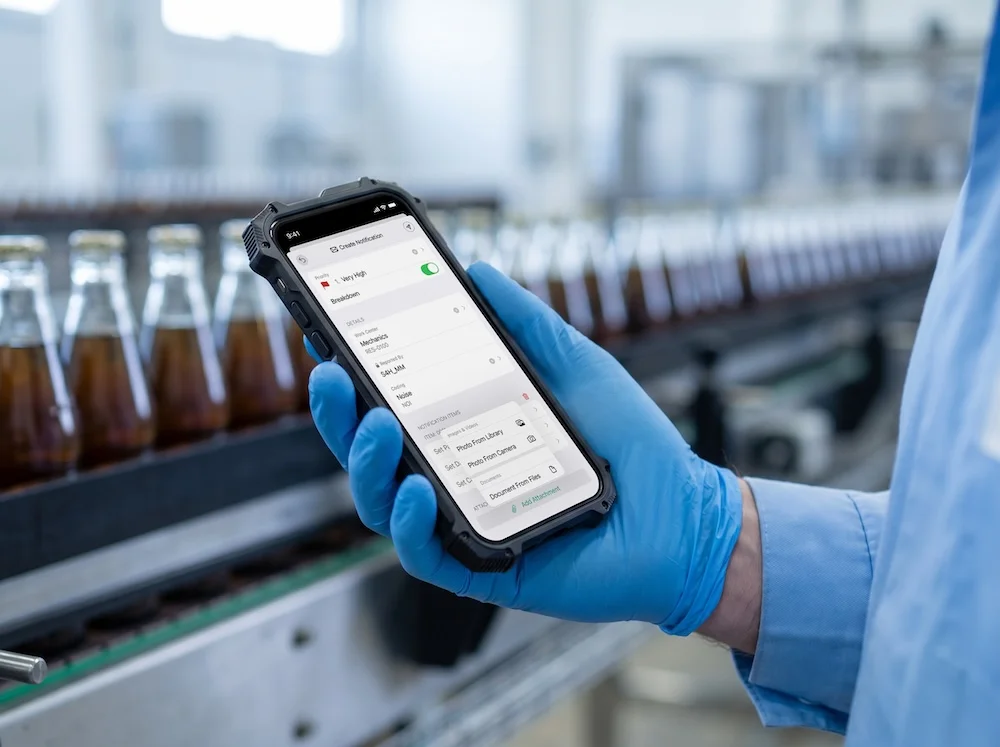 An Operator looking at Arkyn FastNotifications on a phone at a beverage factory