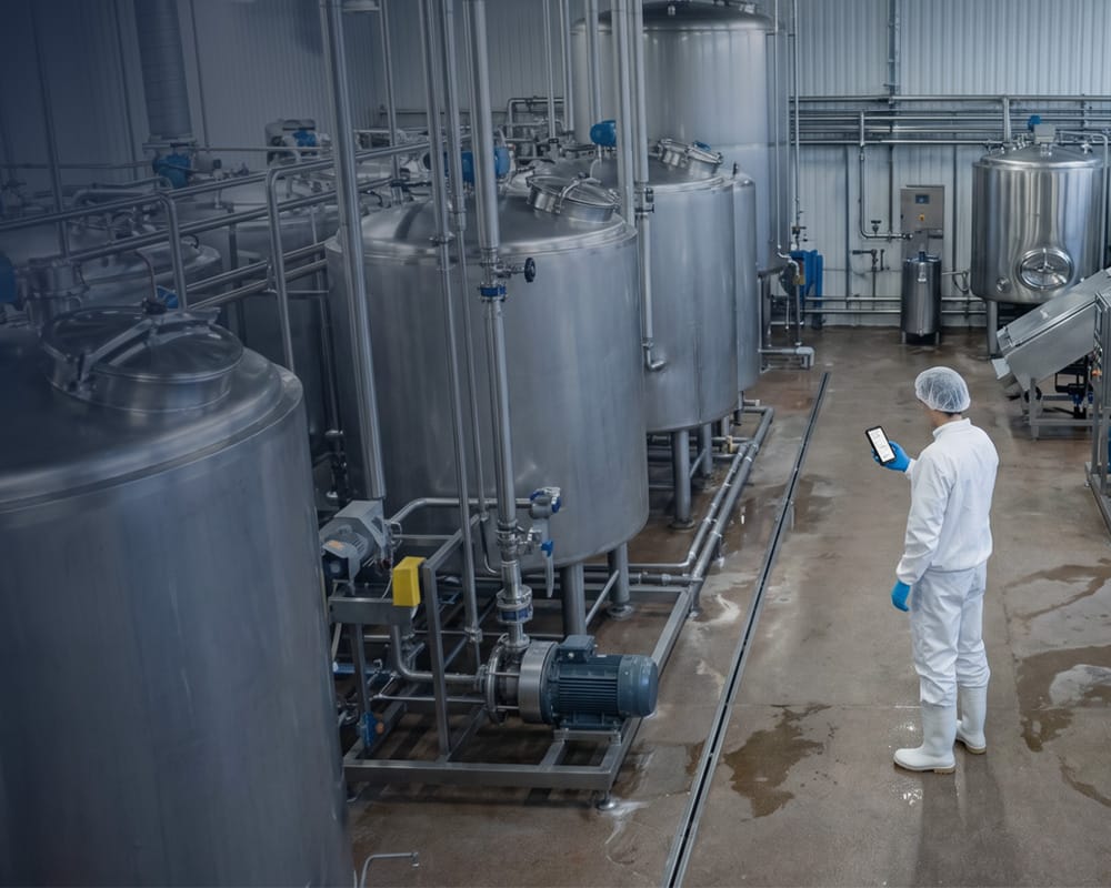 A technician using Arkyn FastWork at a dairy processing plant