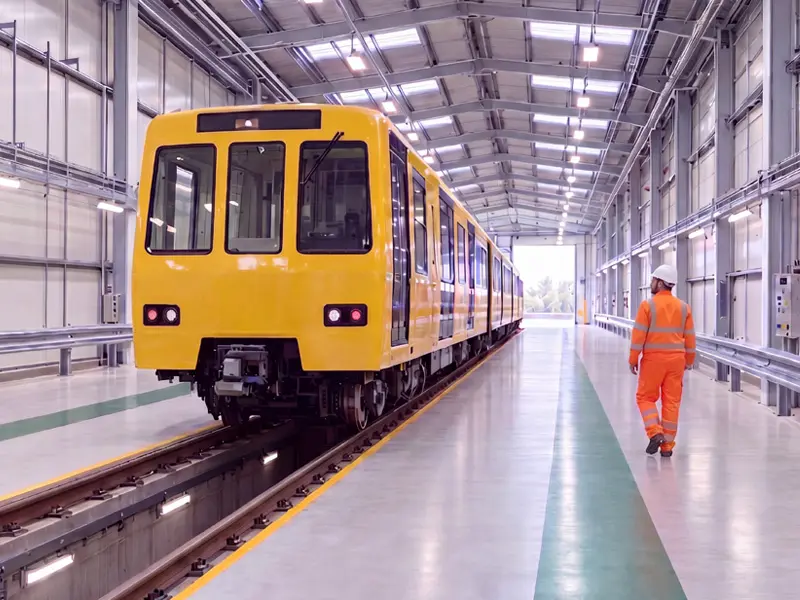 Railway worker wearing a yellow hard hat and safety vest inspecting a railroad track while holding a tablet.