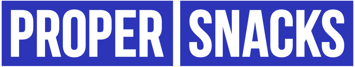 Proper Snacks logo with white uppercase text on a blue background.