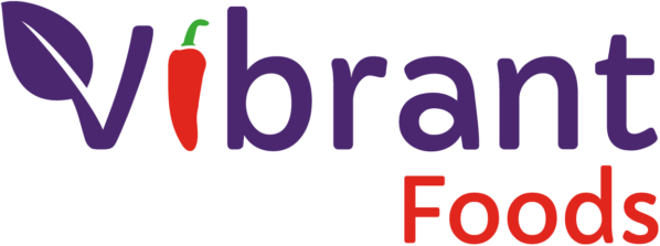 Vibrant Foods logo with a purple leaf replacing the letter V and a red chili pepper replacing the letter i.