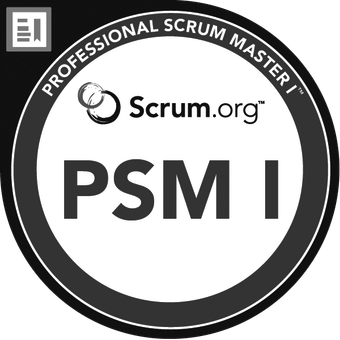 Professional Scrum Master I badge from Scrum.org showing PSM I certification.