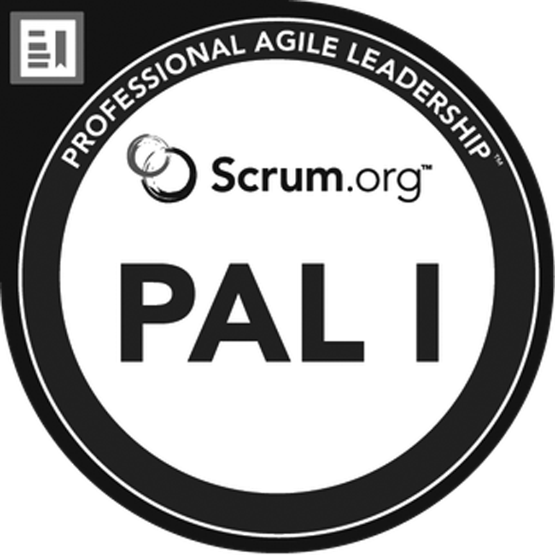 Scrum.org Professional Agile Leadership PAL I certification badge.