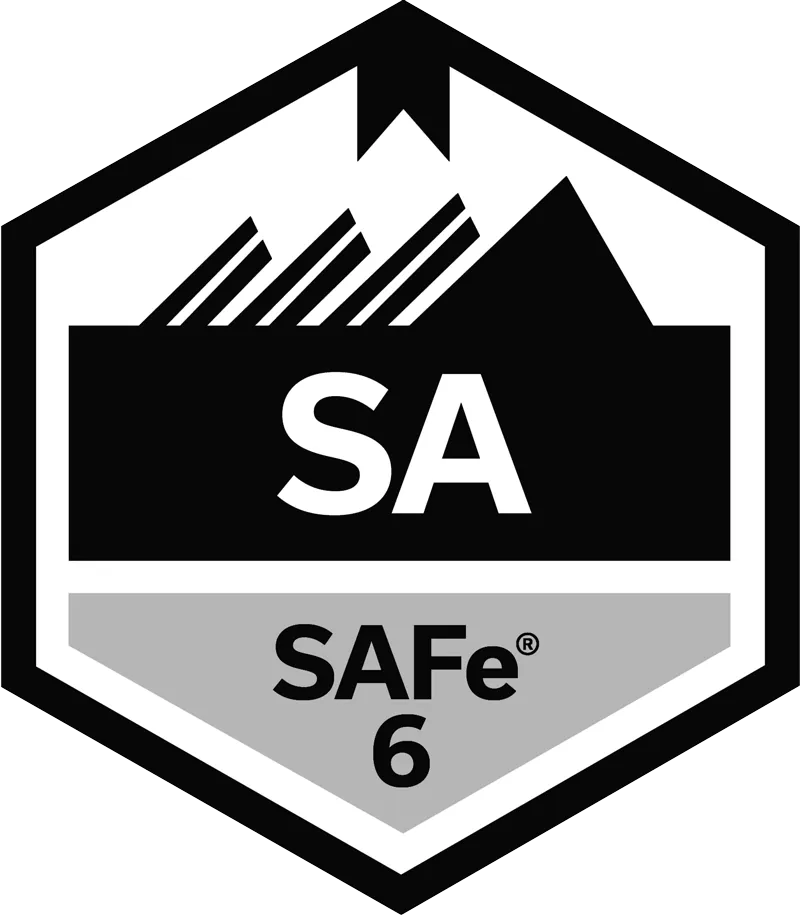 SAFe 6 Agilist certification badge with a hexagonal shape, featuring 'SA' in bold and 'SAFe 6' below.