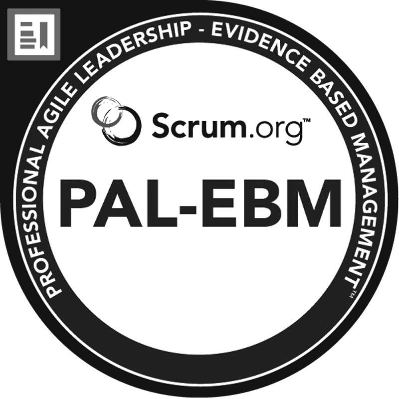Scrum.org PAL-EBM badge with text Professional Agile Leadership - Evidence Based Management in circular border.