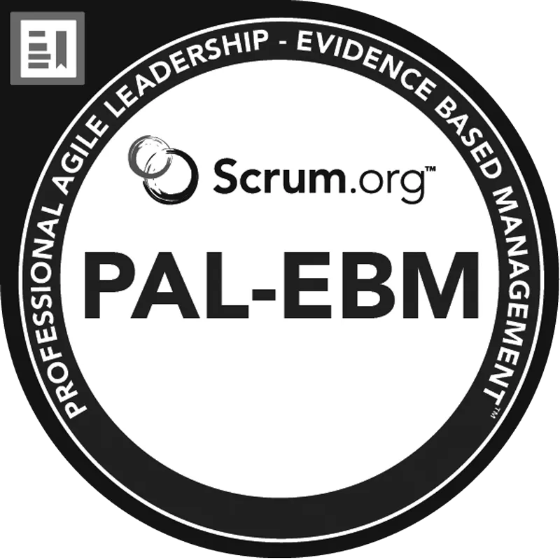 Scrum.org PAL-EBM badge with text Professional Agile Leadership - Evidence Based Management in circular border.