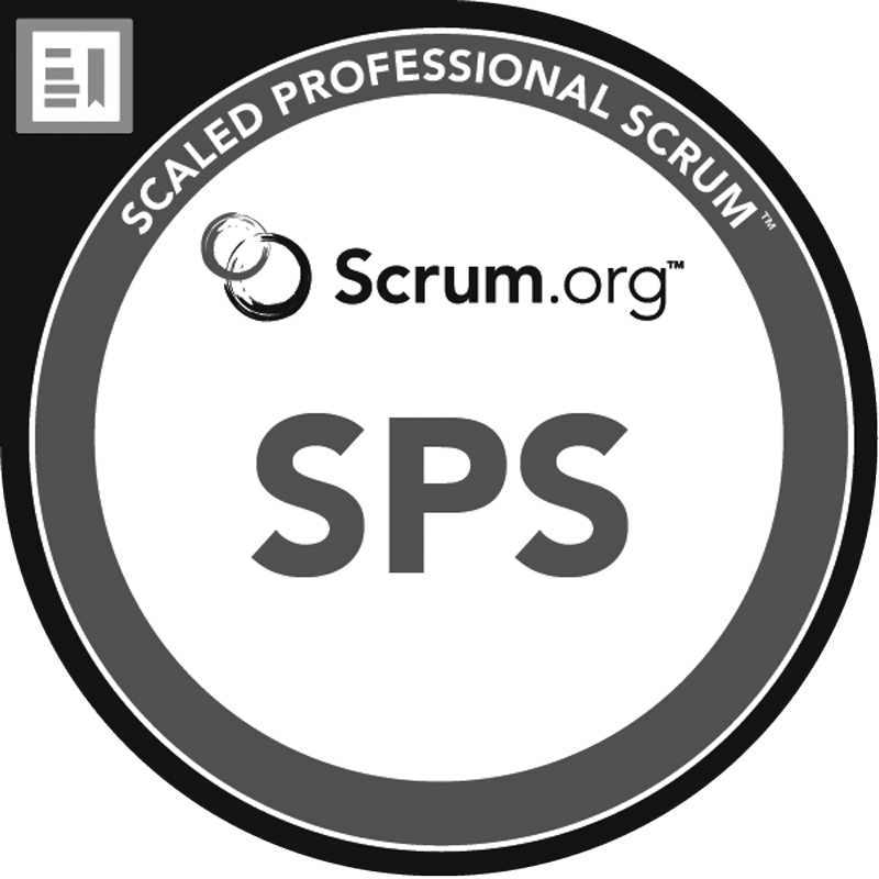 Scaled Professional Scrum SPS certification badge from Scrum.org featuring overlapping circles logo.