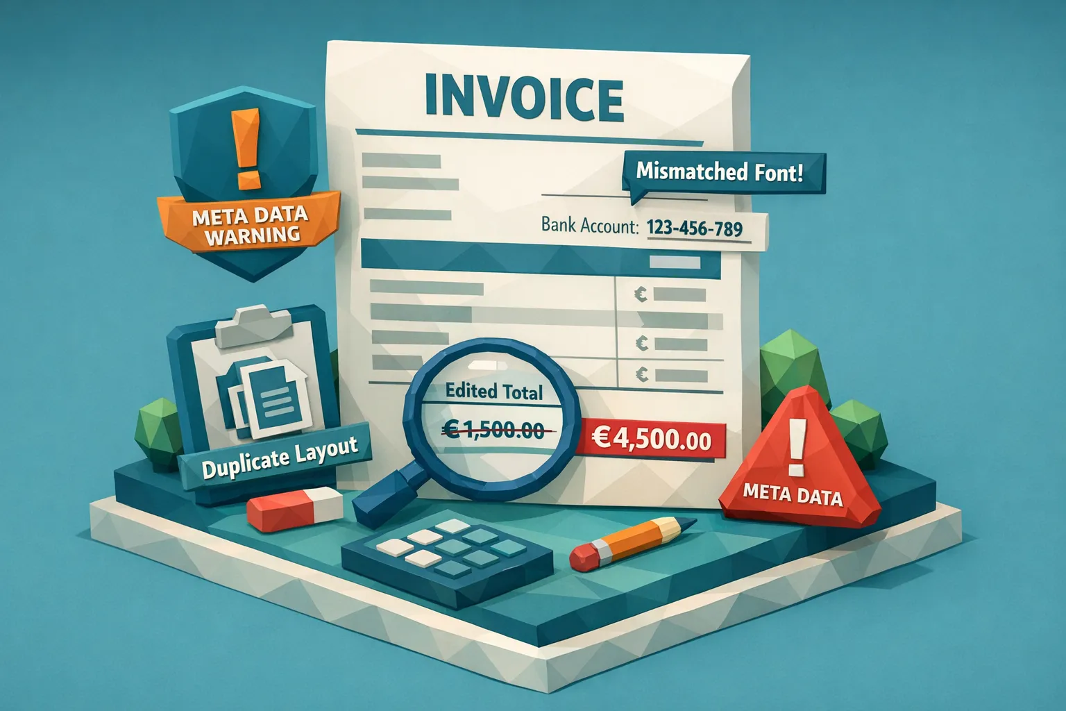 A close-up illustration of an invoice with highlighted fraud signals: an edited total field, a mismatched font in bank details, a duplicate layout indicator, and a metadata warning badge.