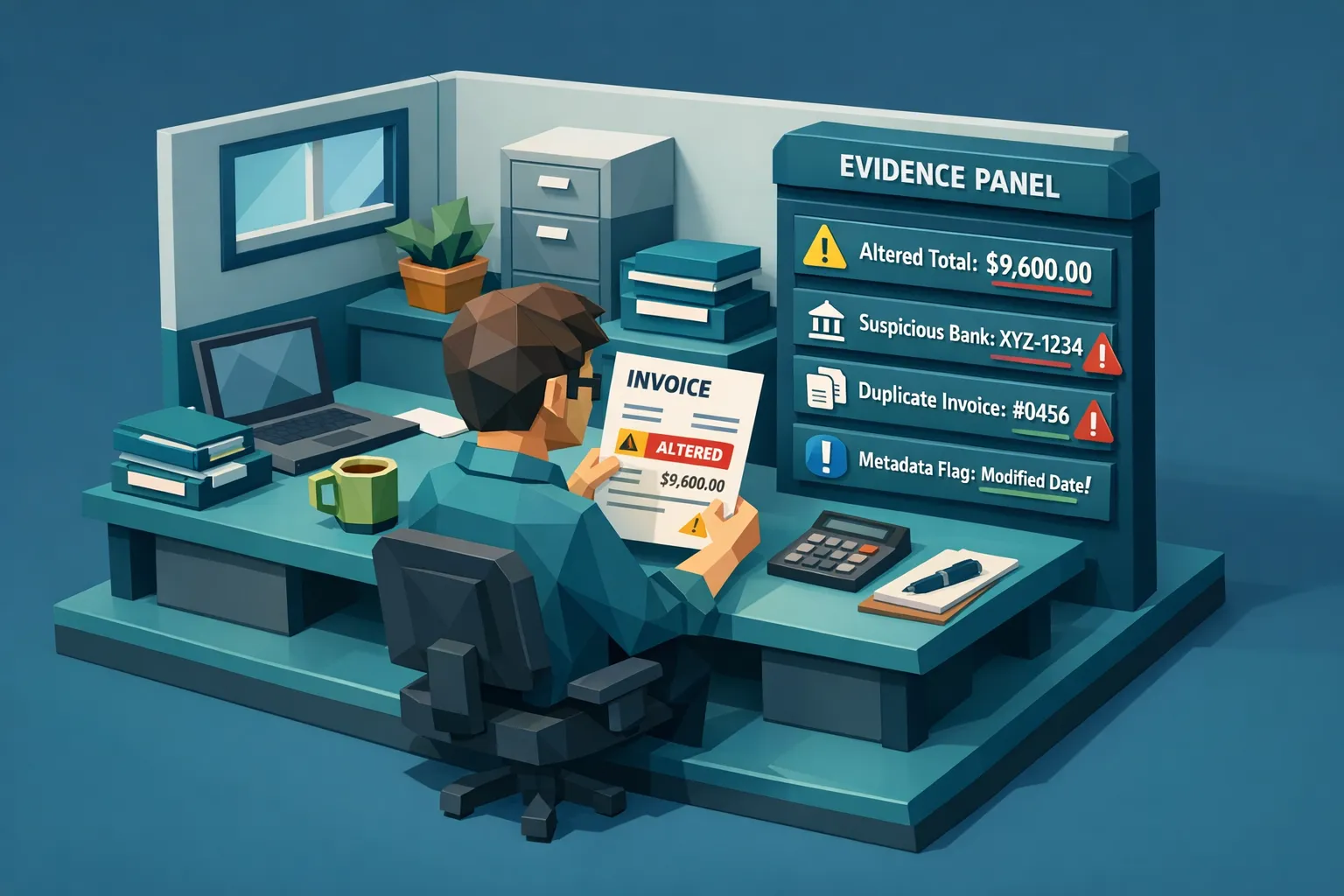 Accounts payable analyst reviewing an invoice with highlighted risk signals like altered totals, suspicious bank details, duplicate indicators, and metadata flags, shown as an evidence panel next to the document.