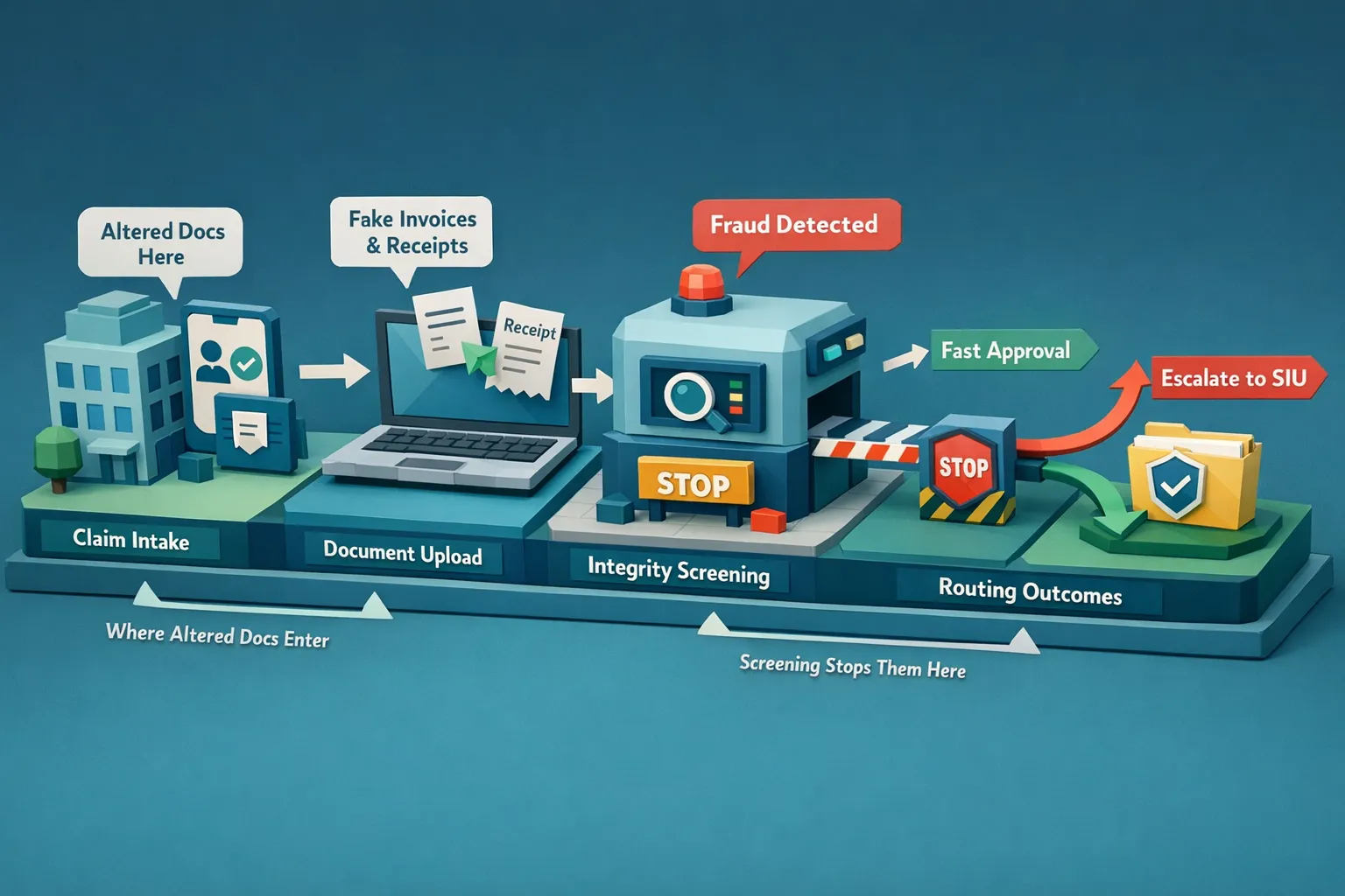 A simple claims workflow diagram with four stages: claim intake, document upload (invoice/receipt), automated document integrity screening, and routing outcomes (approve fast or escalate to SIU). Each stage has small callouts showing where altered documents commonly enter and where screening can stop them.