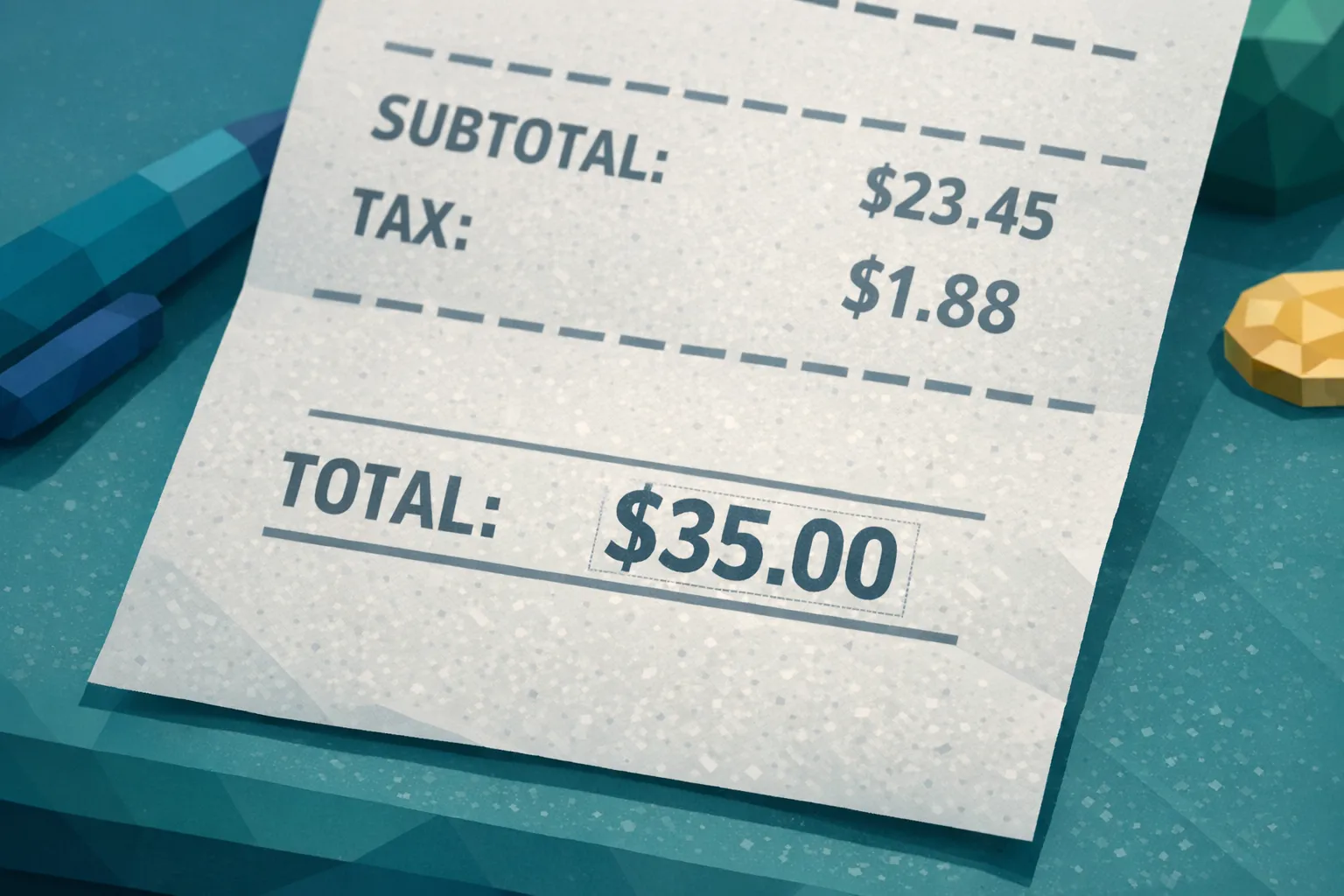 A close-up view of a receipt photo where the total amount line shows subtle font mismatch, slight misalignment, and a faint rectangular compression boundary around the edited number, with the rest of the receipt looking naturally noisy.