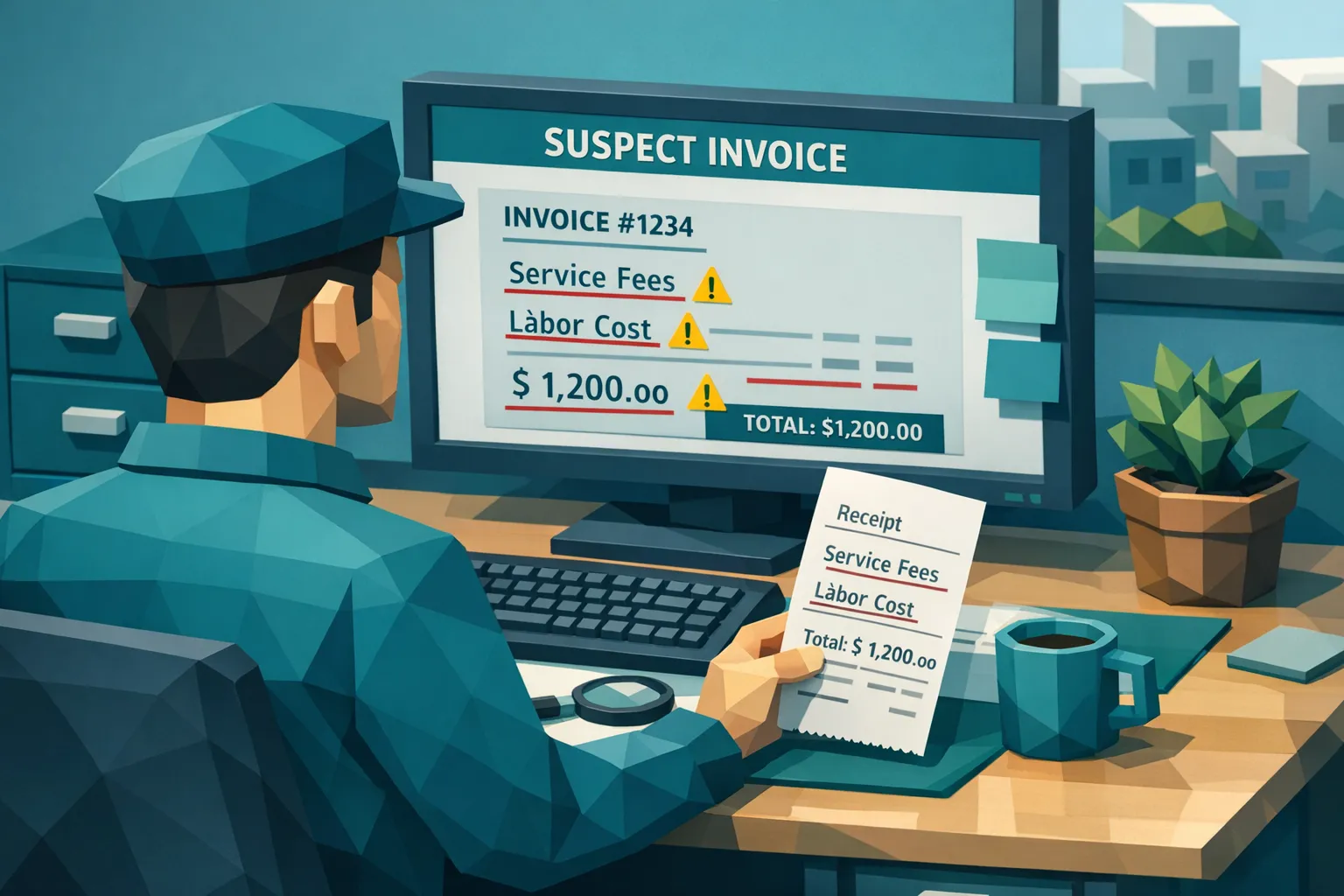 A claims adjuster at a desk reviewing a suspicious invoice image on a monitor and a printed receipt, with subtle visual cues highlighted like mismatched fonts and uneven alignment, suggesting possible tampering.
