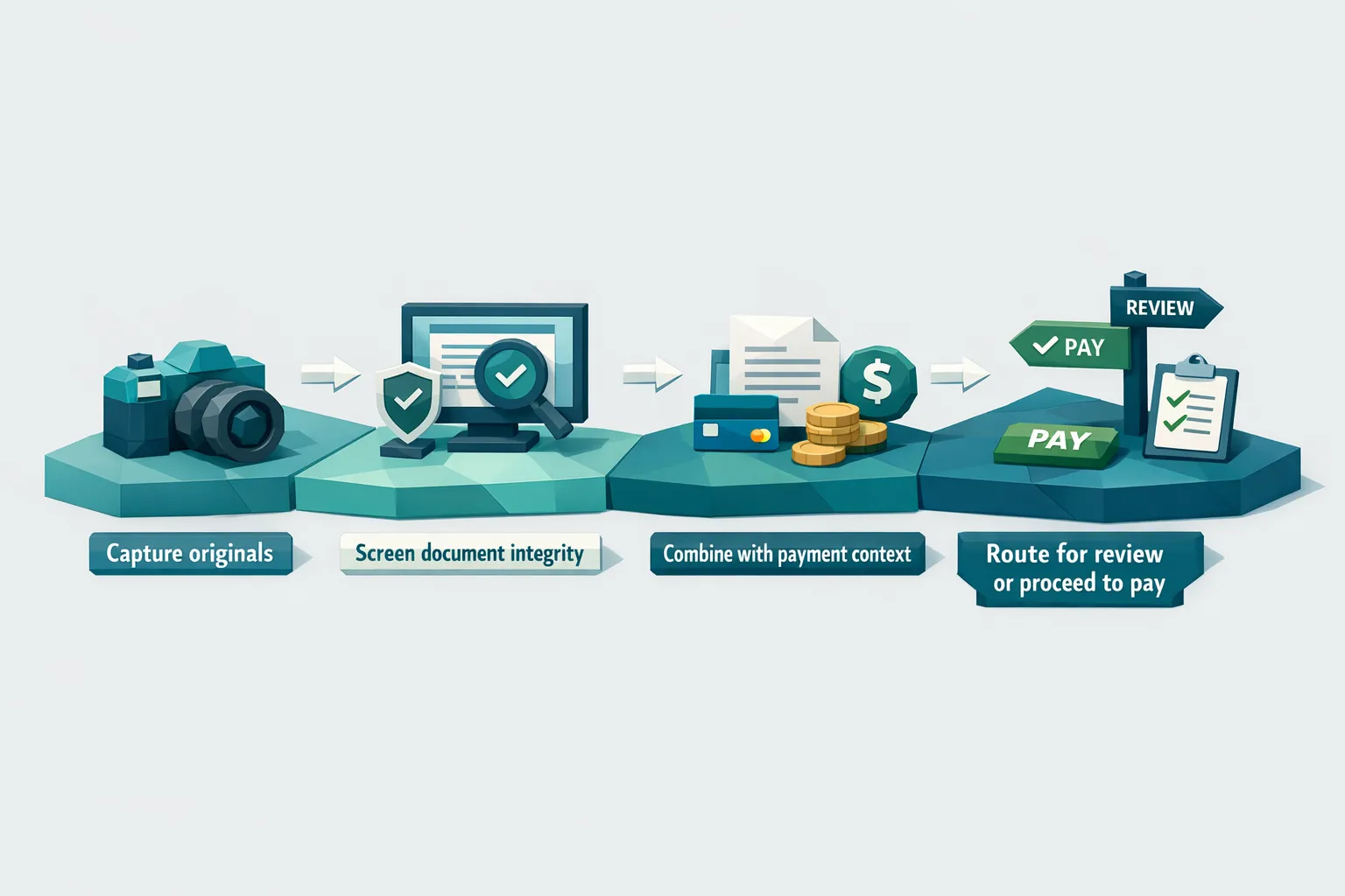 A simple four-step workflow diagram showing: Capture originals, Screen document integrity, Combine with payment context, Route for review or proceed to pay.
