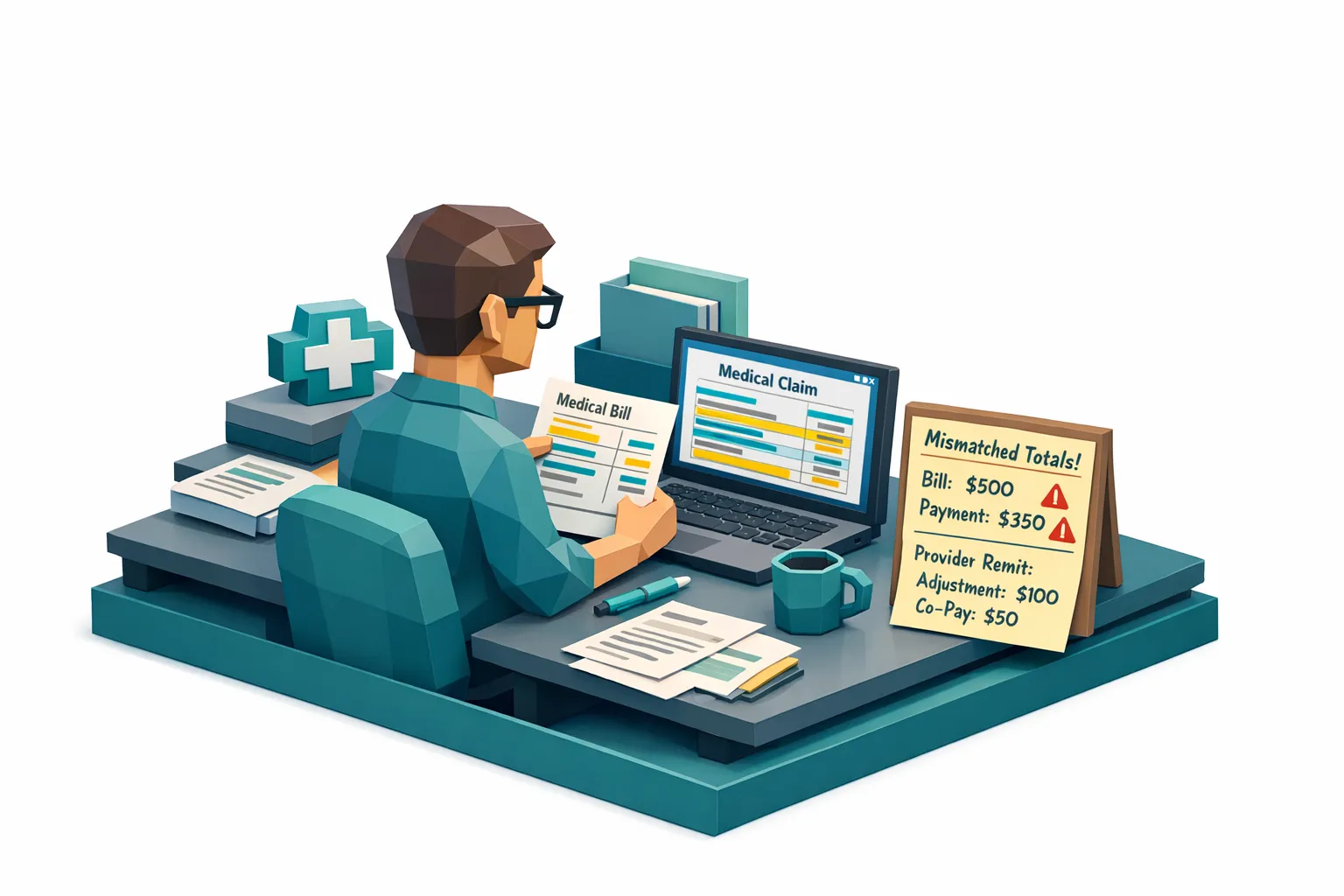 A health insurance claims analyst at a desk reviewing a printed medical bill and a scanned PDF on a laptop (screen facing right direction), with several sections highlighted and a separate note showing mismatched totals and provider remittance details.