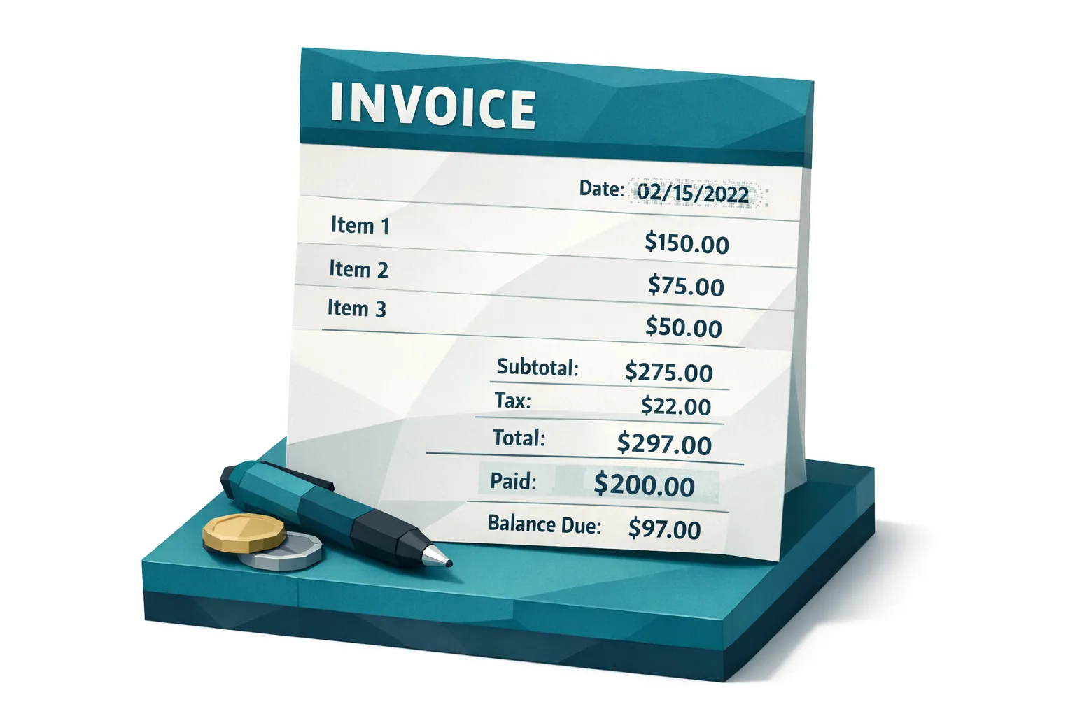 Close-up view of an invoice image showing subtle misalignment in totals, a faint rectangular patch behind an edited amount, and inconsistent pixel noise around the date field.