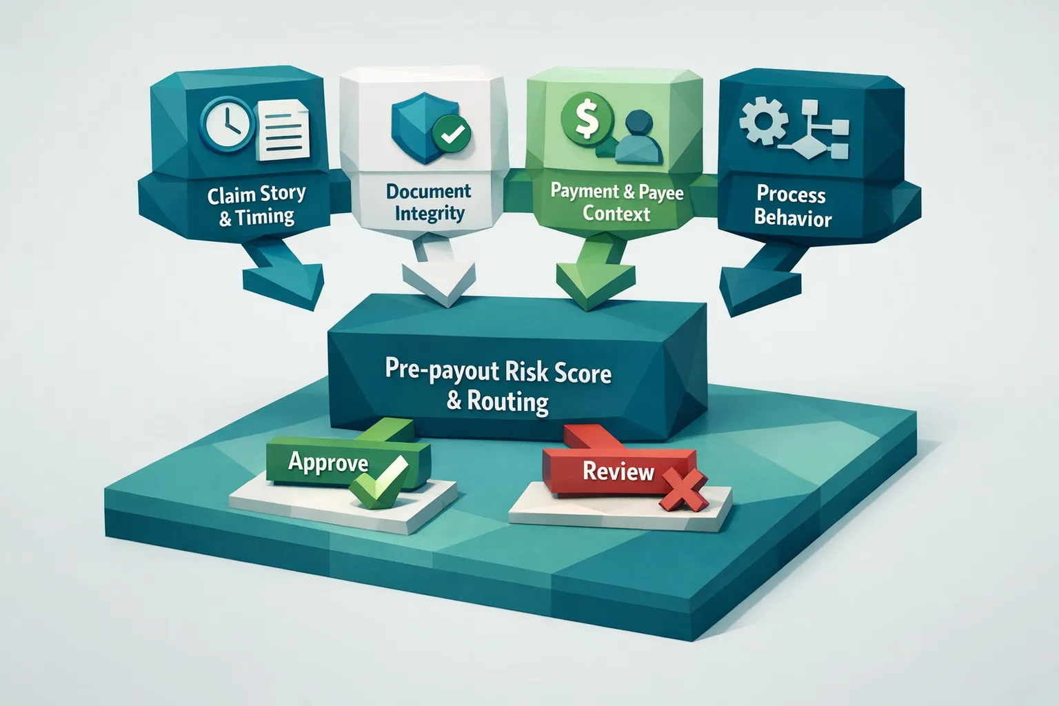 A simple four-part diagram showing “Claim story & timing,” “Document integrity,” “Payment & payee context,” and “Process behavior” feeding into a “Pre-payout risk score and routing” decision box.