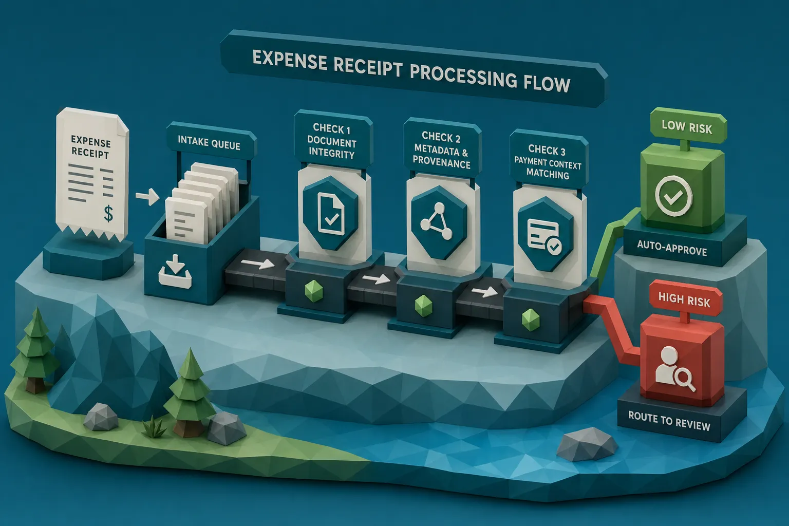 A simple flow diagram showing an expense receipt entering an intake queue, then passing through three checks labeled document integrity, metadata and provenance, and payment context matching, ending with two outcomes: auto-approve for low risk and route to review for high risk.
