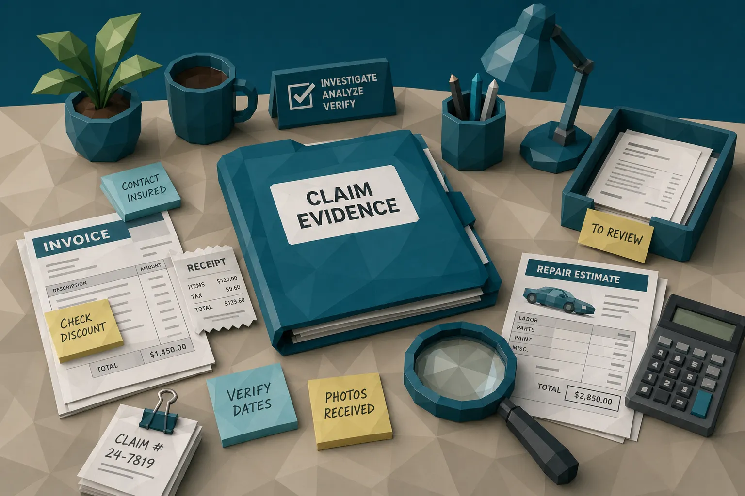 A claims investigation desk with printed invoices, receipts, repair estimates, sticky notes, and a magnifying glass arranged around a central folder labeled claim evidence.