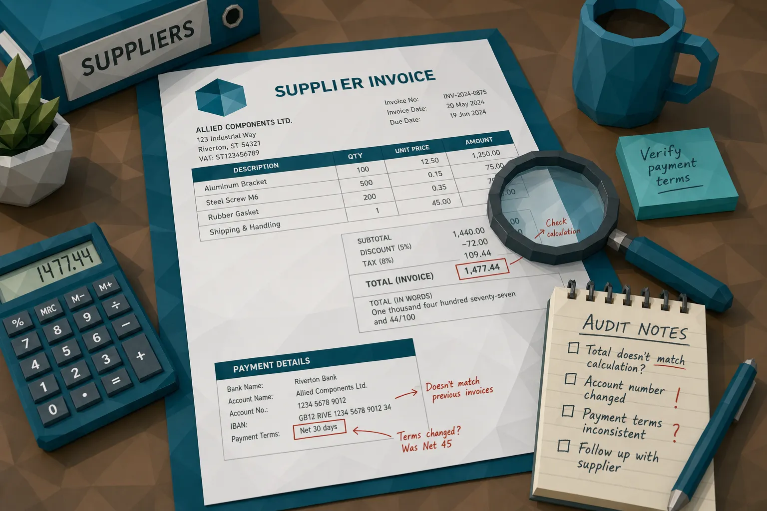 A close-up of a supplier invoice on a desk with subtle inconsistencies around the total amount and payment details, with a magnifying glass and handwritten audit notes nearby.