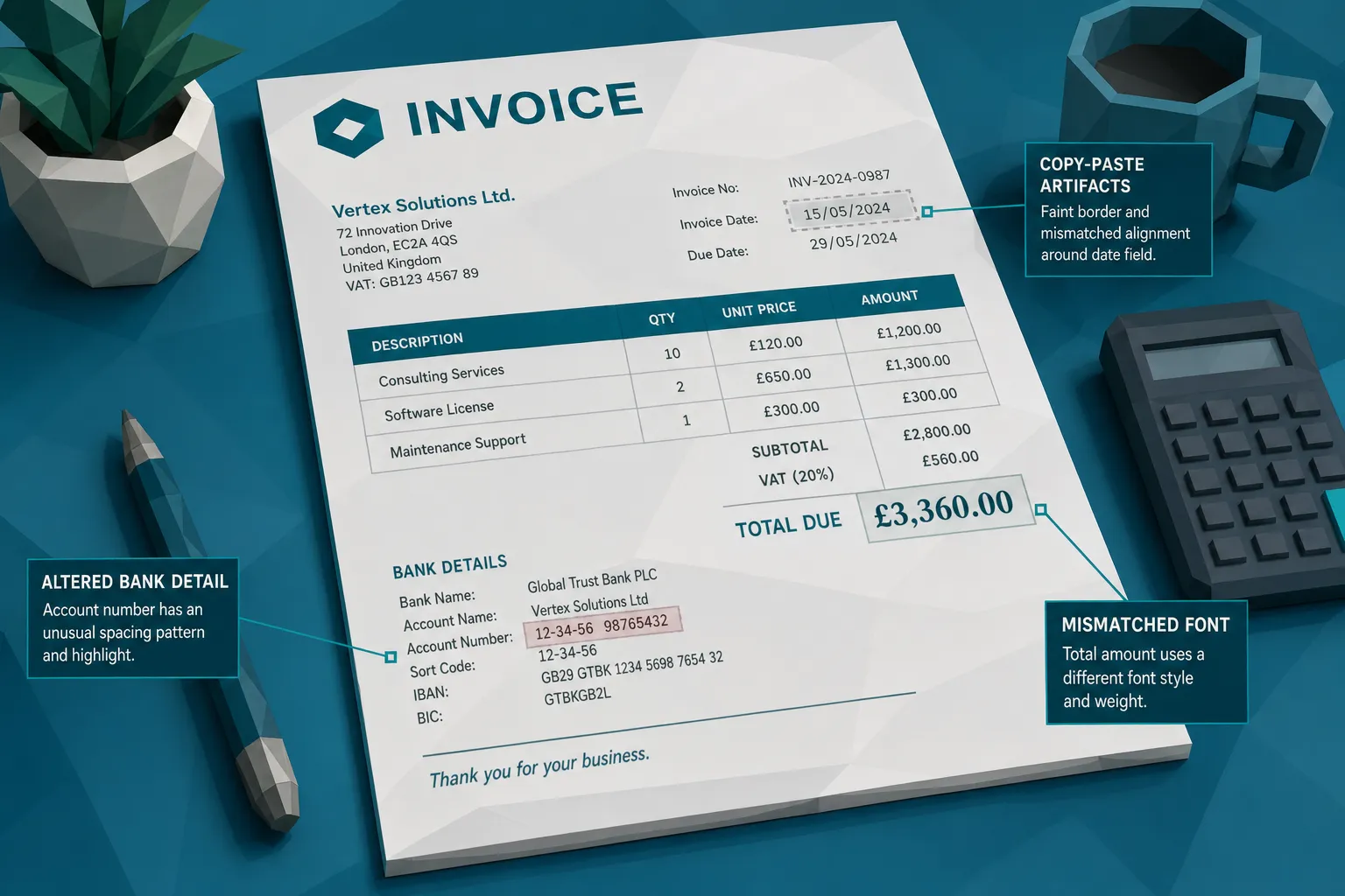A close-up of a business invoice with subtle highlighted tampering clues, including an altered bank detail line, mismatched font in the total amount, and faint copy-paste artifacts around a date field.
