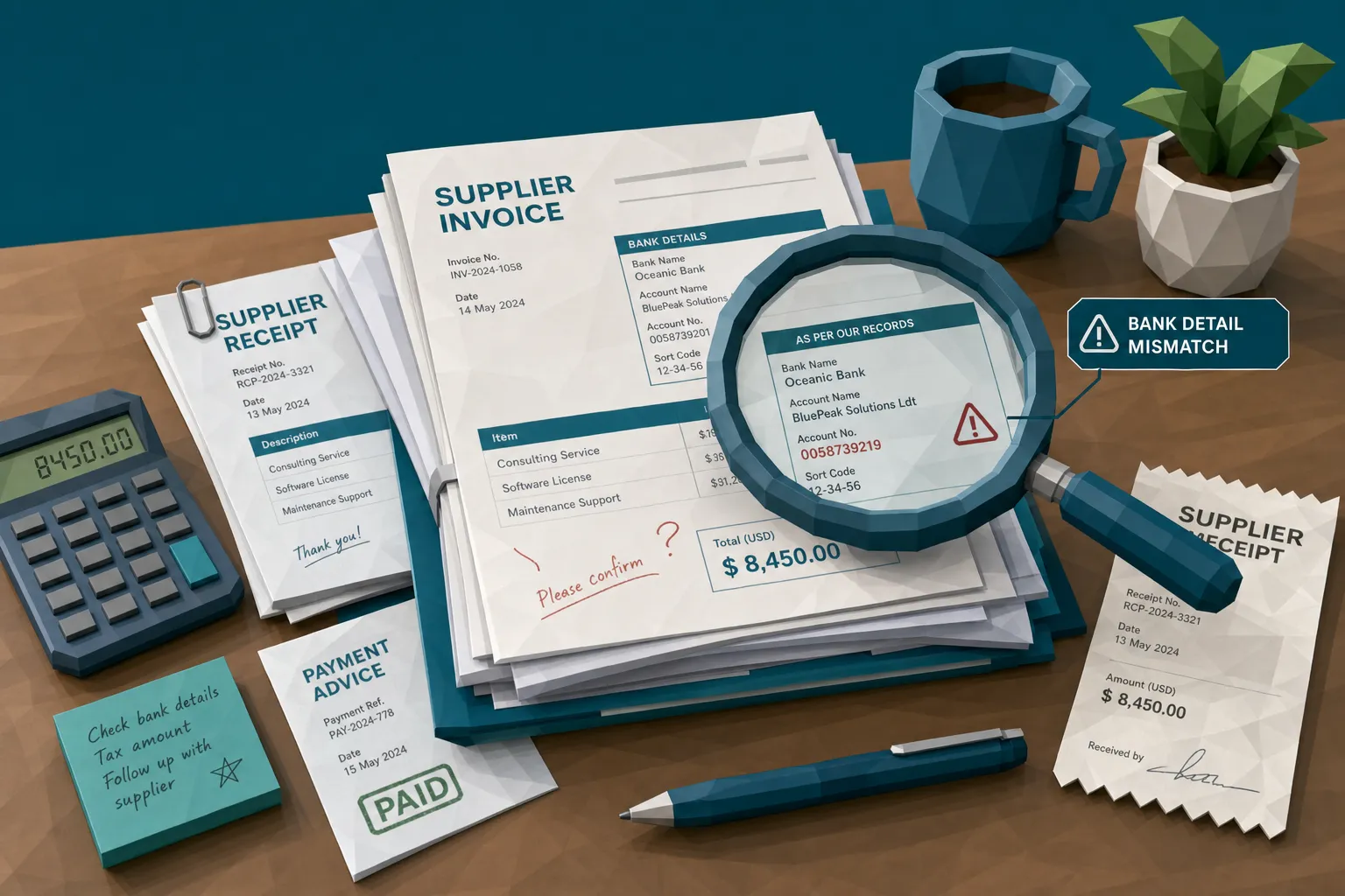 A stack of supplier invoices and receipts on a desk with a magnifying glass highlighting a mismatched bank detail, subtle font differences, and faint editing marks on one document.