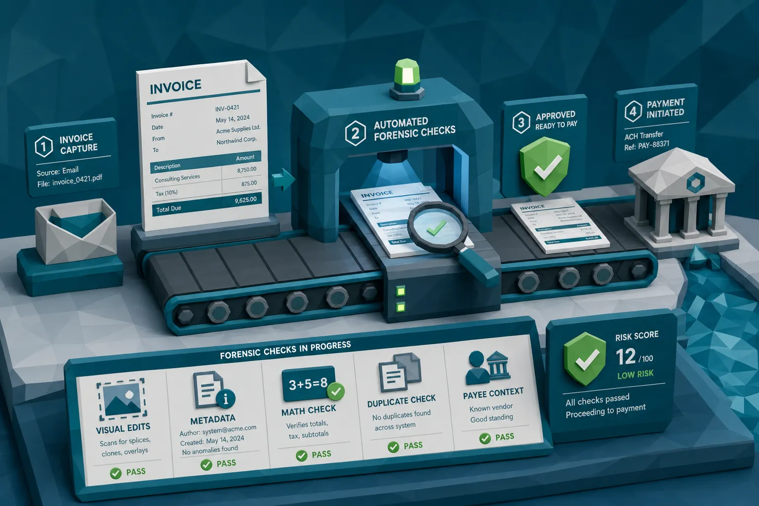 A clean invoice moving through an automated payment workflow while forensic checks inspect visual edits, metadata, math, duplicates, and payee context.
