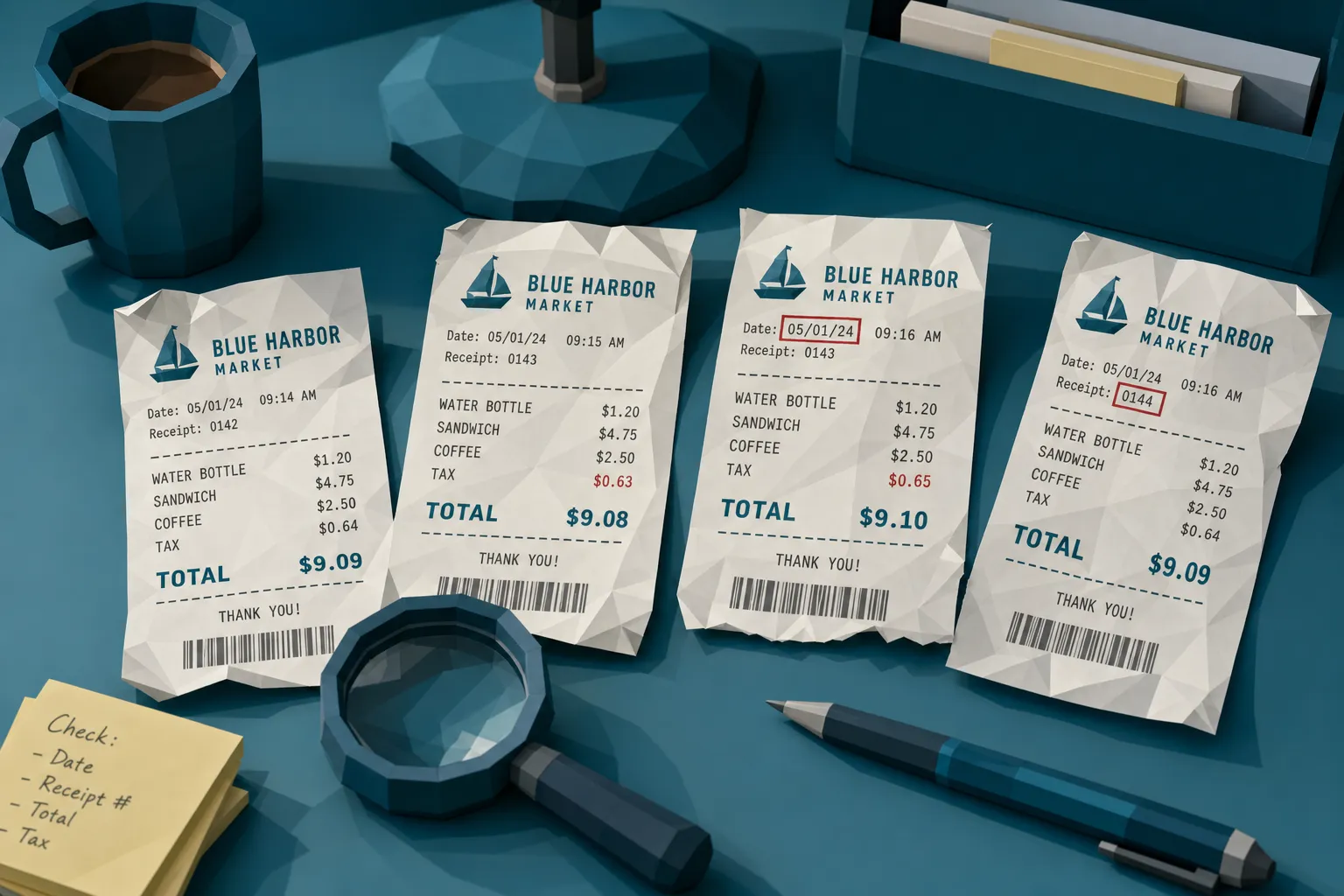 A close-up view of several paper receipts on a desk, with subtle differences in totals, dates, shadows, paper folds, and printing alignment suggesting forensic review of possible manipulation.