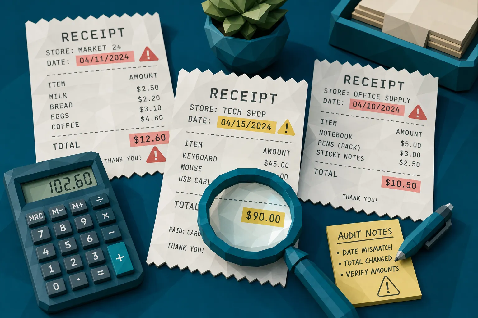 A close-up desk scene with several paper receipts, one magnifying glass, a calculator, and highlighted suspicious areas such as altered totals and mismatched dates.