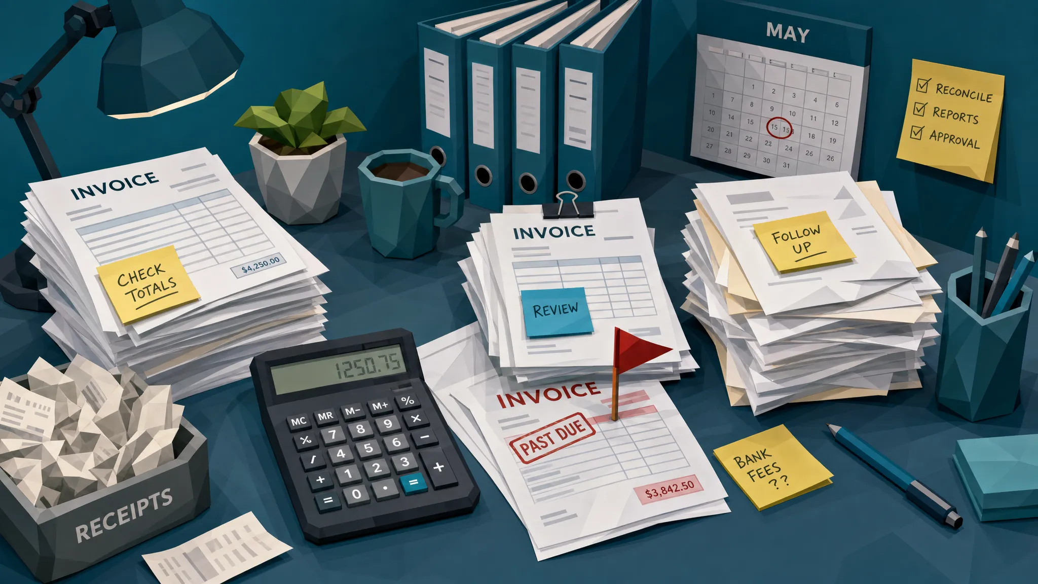 A cluttered finance desk with stacks of invoices, receipts, sticky notes, a calculator, and one red-flagged invoice partially hidden among routine paperwork.