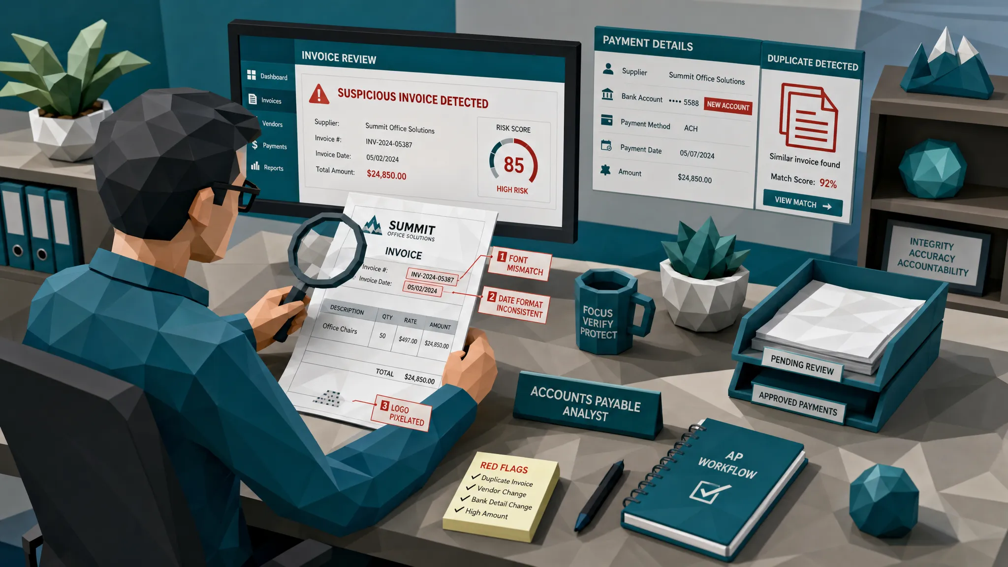 An accounts payable analyst reviews a suspicious supplier invoice with highlighted document tampering clues, payment details, and duplicate warning indicators in a clean finance operations workspace.