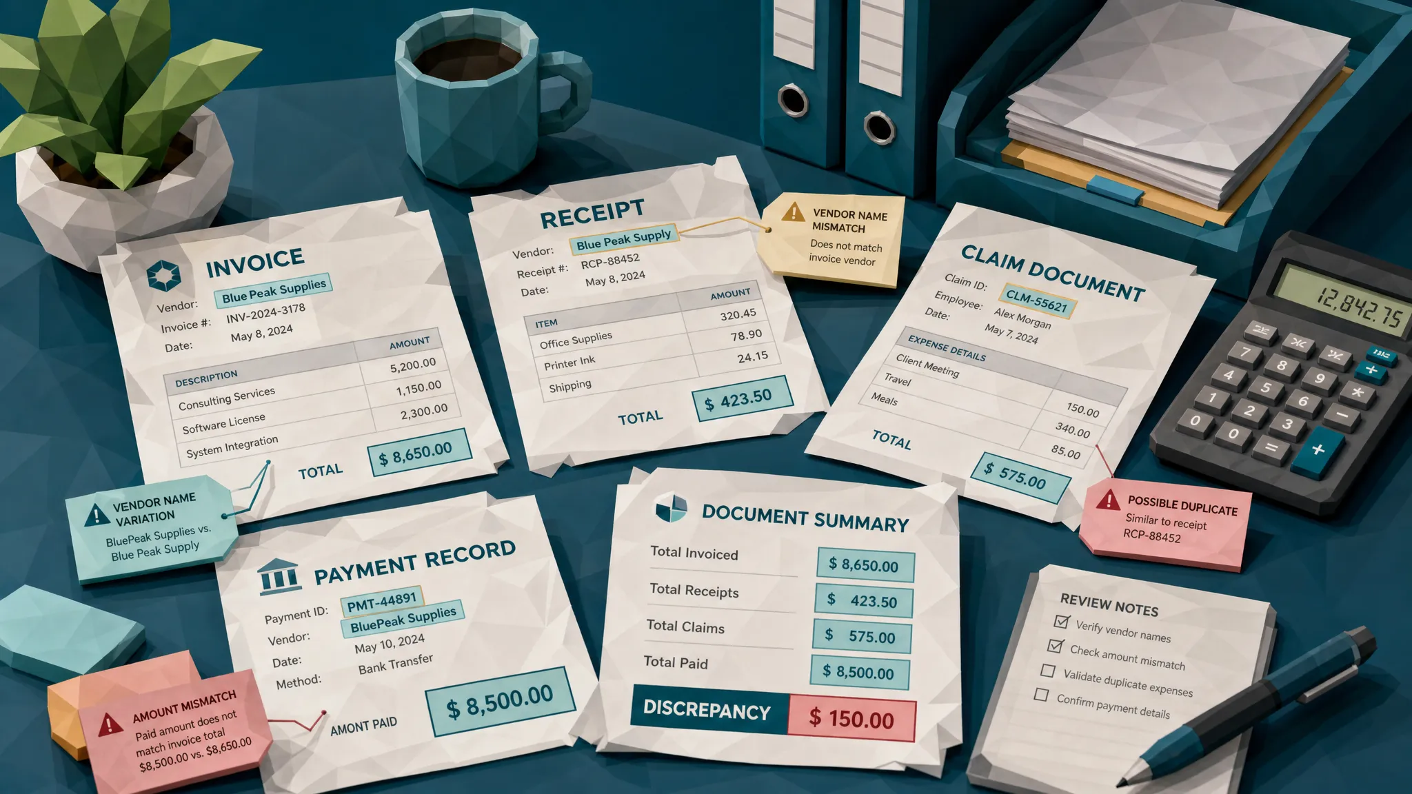 A close-up of invoices, receipts, claim documents, and payment records spread across a desk, with highlighted areas showing metadata, totals, vendor details, and subtle visual inconsistencies.
