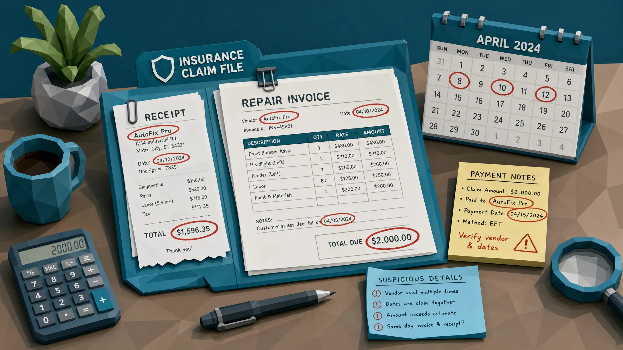 An insurance claim file with receipts, repair invoices, a calendar, and payment notes arranged on a desk, with suspicious details circled such as dates, totals, and vendor names.
