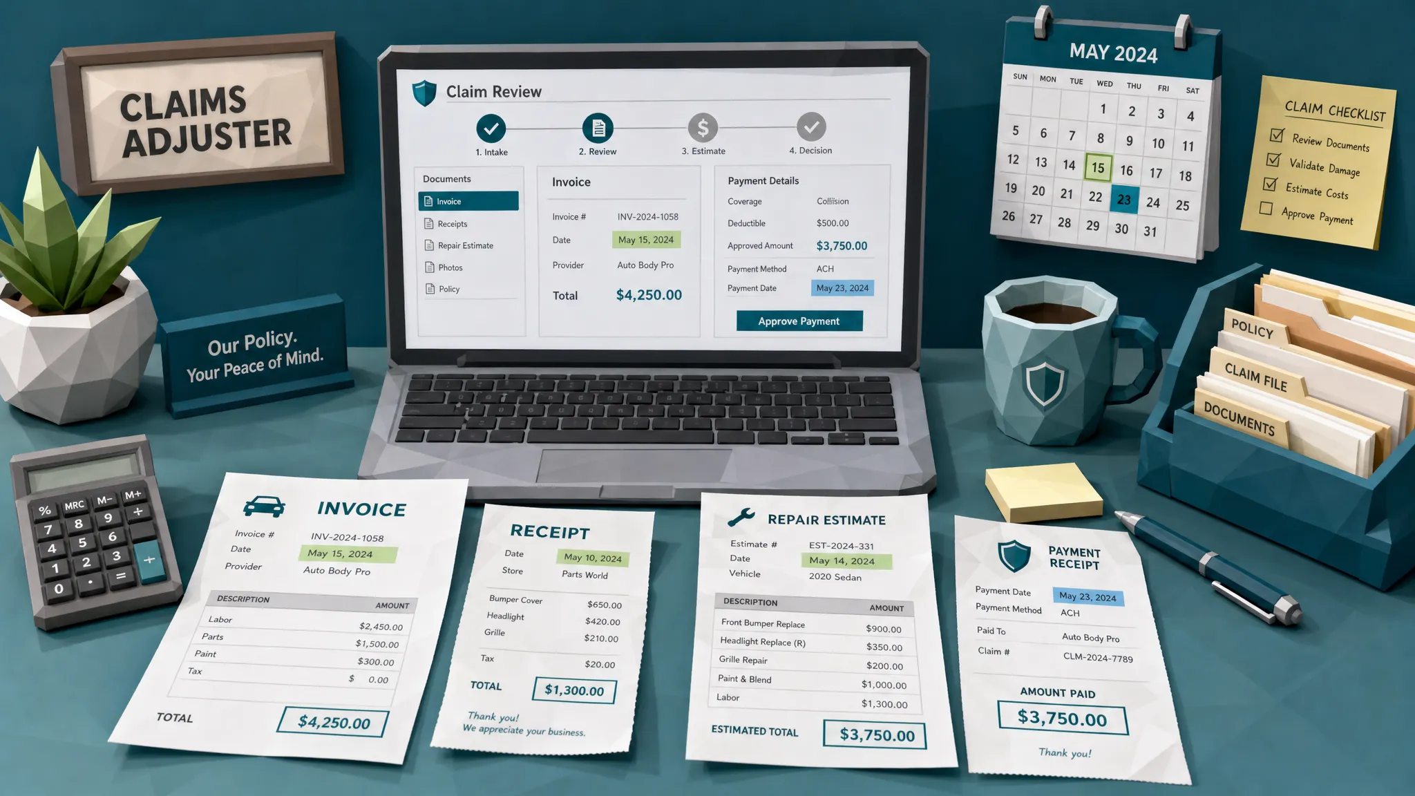 A claims adjuster desk with printed invoices, receipts, repair estimates, and a laptop facing the viewer correctly showing a simple document review workflow; highlighted dates, totals, and payment details appear on the papers.