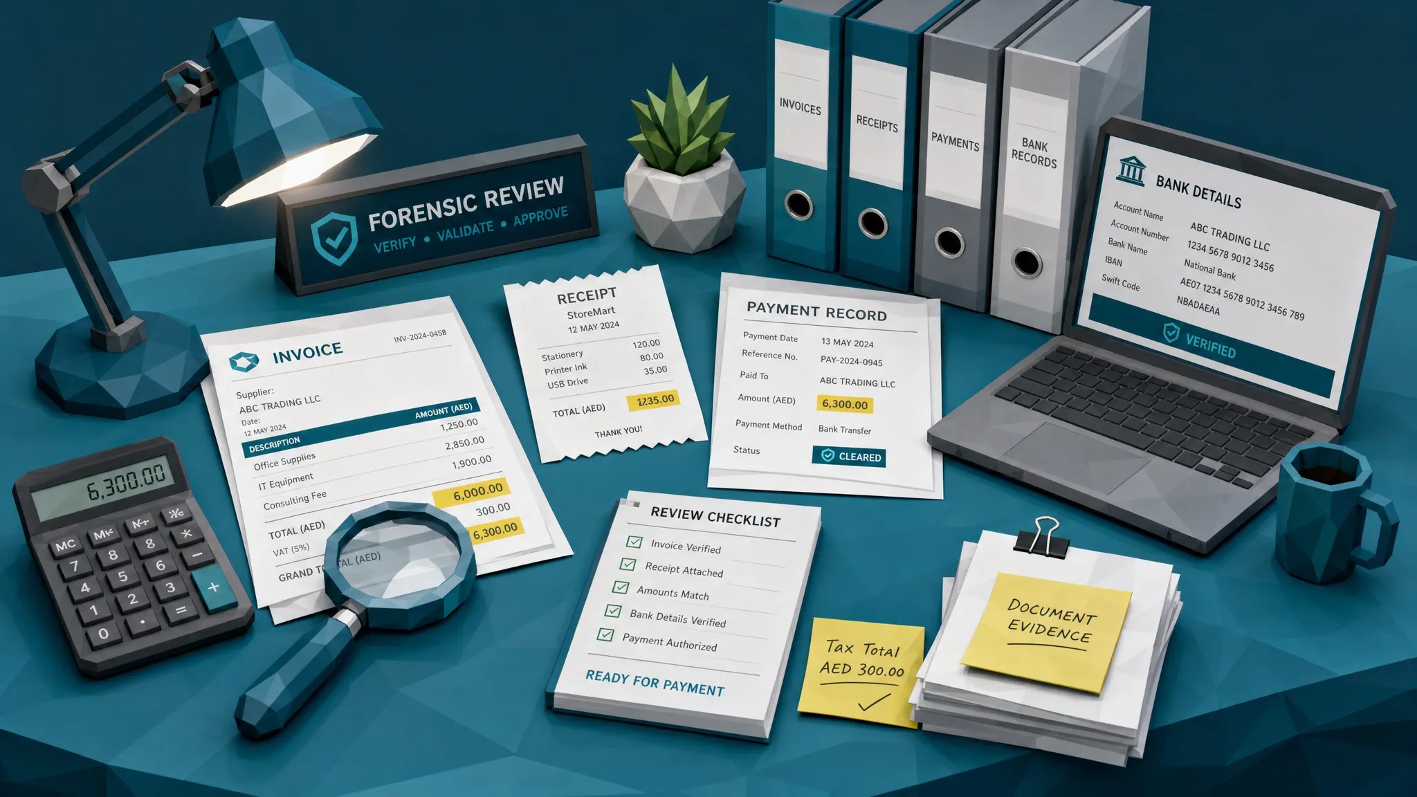 A forensic review desk with invoices, receipts, payment records, highlighted tax totals and bank details, showing document evidence being checked before payment.