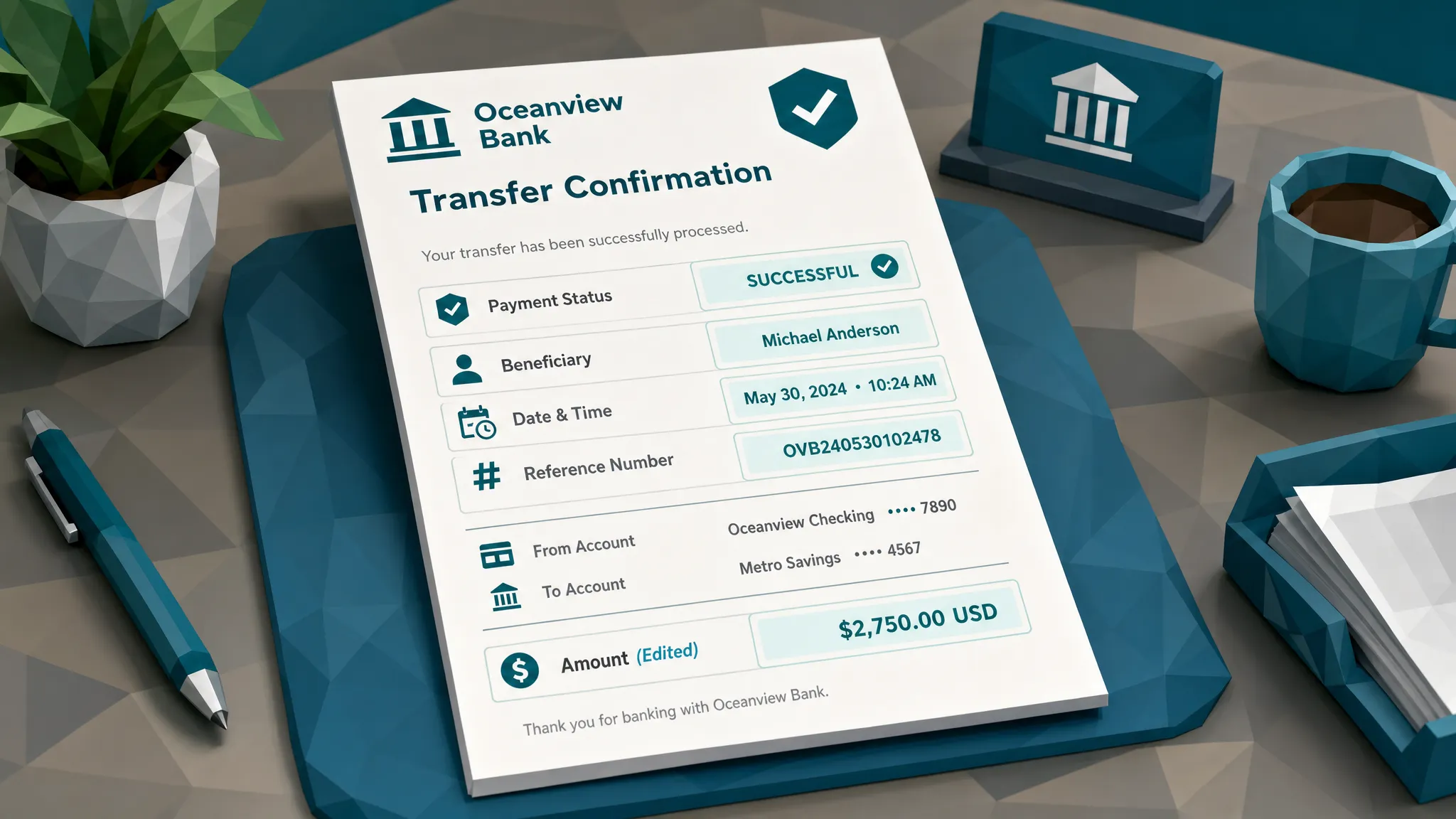 A banking transfer confirmation document on a desk with subtle highlighted areas around the payment status, beneficiary name, timestamp, reference number, and edited amount field.